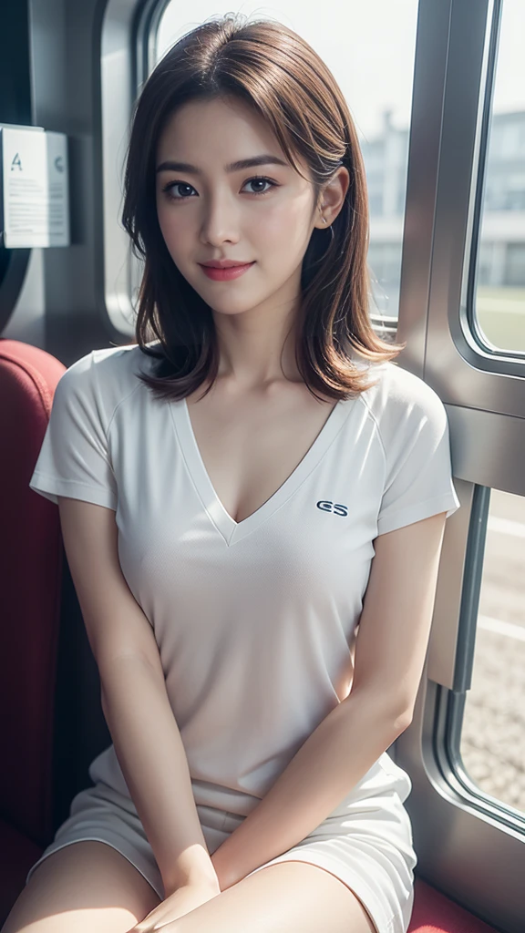 (Sitting on the high-speed train, there is a spring scene outside the window:1.29), ((4k wallpaper:1.1)), (Beautiful Photorealistic 30s women:1.15) , (she is a Photorealistic beautiful tennis player:1.15), (Looking at camera:1.1), (Perfectly healthy and muscular body, big tits, medium tits:1.2), ((She's wearing tennis wear in tennis coart:1.3)), white wear, (small size:1.1), Best Quality, Ultra-detailed, finely detail, hight resolution, Perfect dynamic composition, Beautiful detailed eyes, mid-chest, Natural Color Lip, Random and sexy poses, Smile, 48 years beautiful women, tennis coart, Ultra-realistic capture, Highly detailed, High resolution 16k close-up of human skin. Skin texture must be natural, With such detail that pores can be finely identified. Skin should look healthy, In a uniform tone. Use natural light and color、a Japanese actress in her 48s with a bewitchingly beautiful appearance、