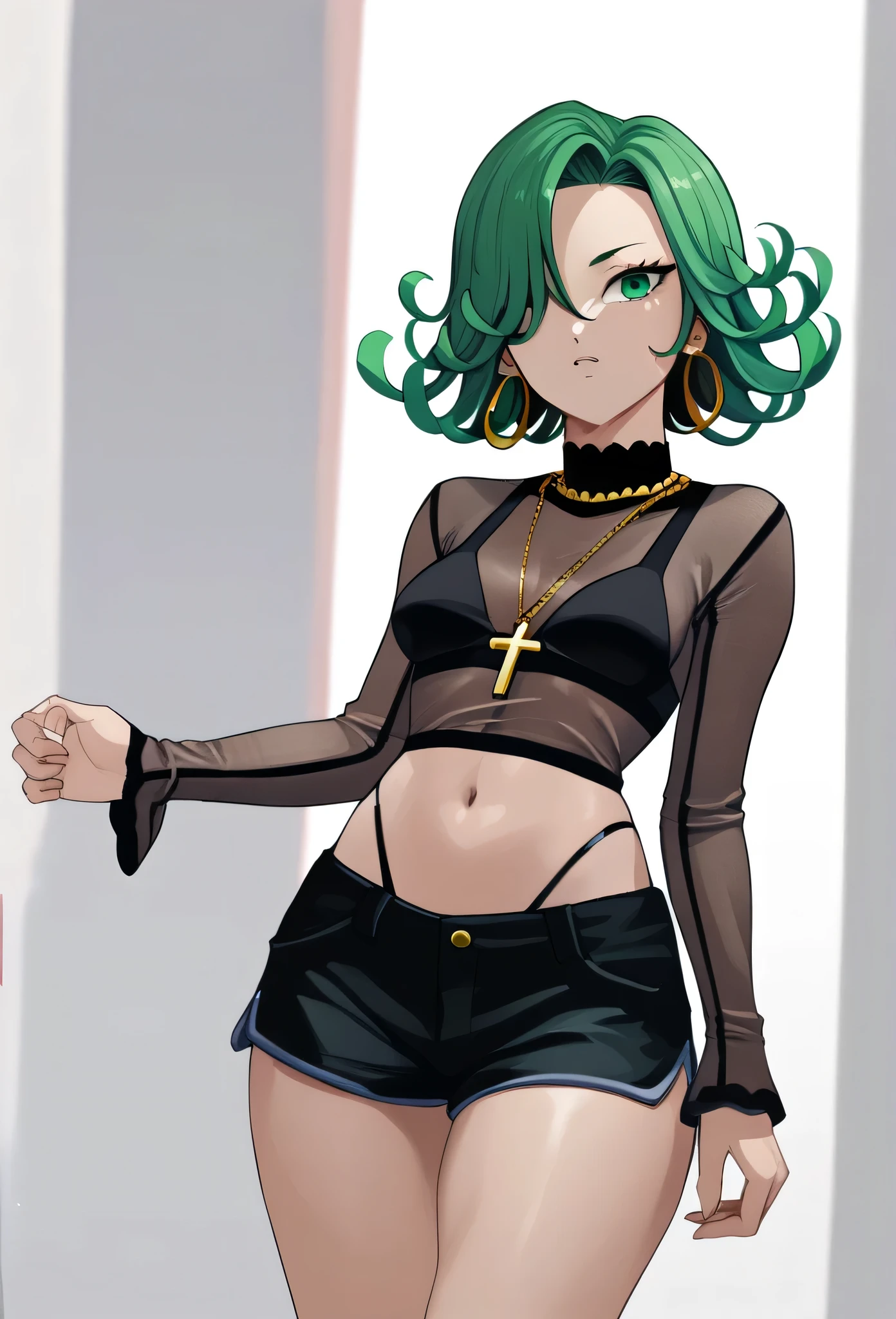 tatsumaki,green hair,green eyes, short hair,Wavy hair,medium breast , black bra, long sleeves, mesh crop top, shorts,black shorts,
highleg panties , earrings,hoop earrings,cross necklace,jewelry,poese.medium breasts
High Resolution, Masterpiece, High Quality,fourhead,
High Details, Super Detailed hair, Best Quality, Detail, High Details,(Hair Over One Eye, Straight Hair,) boa Hancock