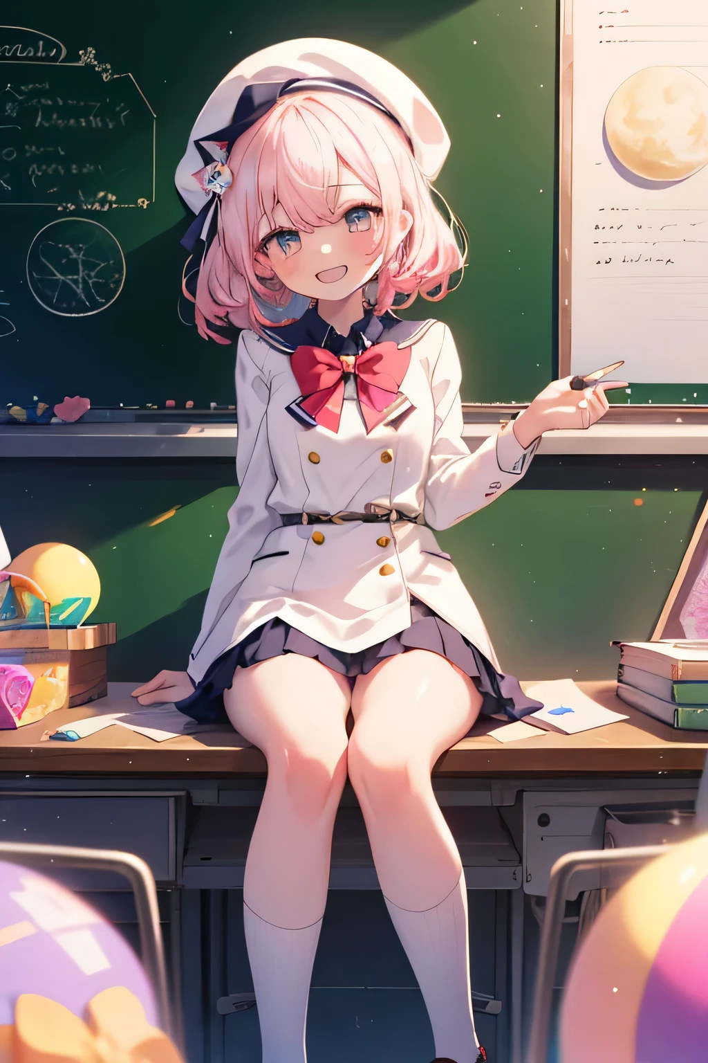 Girl smiling( showing teeth), fondo classroom, school fund(classroom), complete anatomy,  ornament of an accessory shaped like a flower on the head, graphic effects, first person, white beret,  summer school uniform , sitting, Reciting a poem , chalkboard(Big heart drawings, rainbow, Candys , Moons and little stars ), letter(BY Elandir),  pink flower