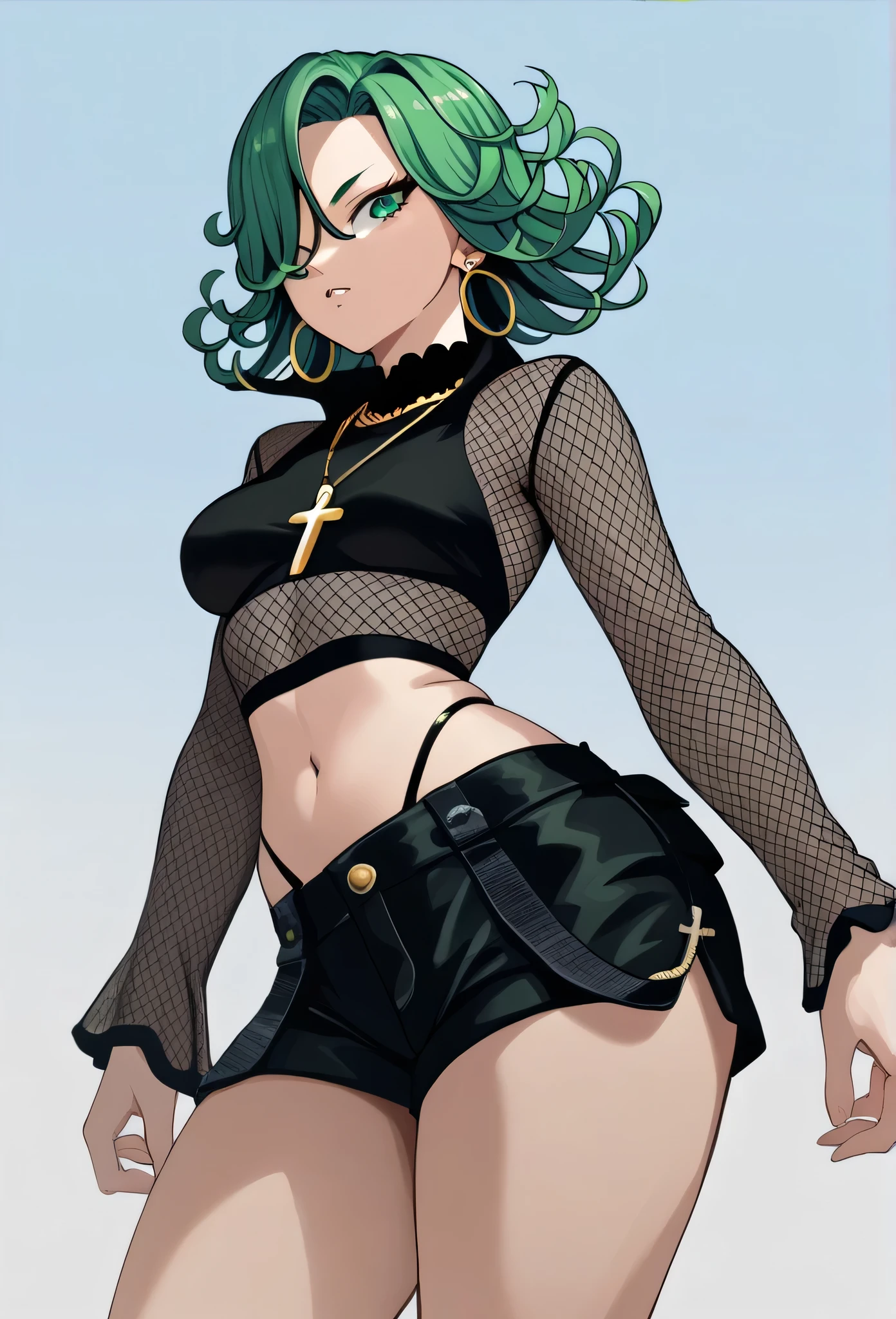 tatsumaki,green hair,green eyes, short hair,Wavy hair,medium breast , black bra, long sleeves, mesh crop top, shorts,black shorts,
highleg panties , earrings,hoop earrings,cross necklace,jewelry,poese.medium breasts
High Resolution, Masterpiece, High Quality,fourhead,
High Details, Super Detailed hair, Best Quality, Detail, High Details,(Hair Over One Eye, Straight Hair,) boa Hancock 