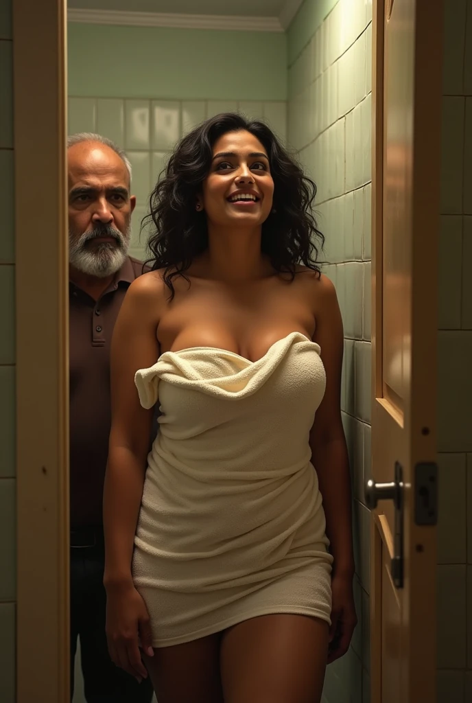 Absurd resolution, high resolution, (masterpiece: 1.4), super detailed, (((detailed face, detailed expression)), a very sexy lady with very big breasts wrapped up with a towel is very tired and coming out of his room after having a long sex with 10 guys who had very big penises and suddenly towel slipped and 10 guys are starring at her and going behind her to have more sex and taking out there's penises