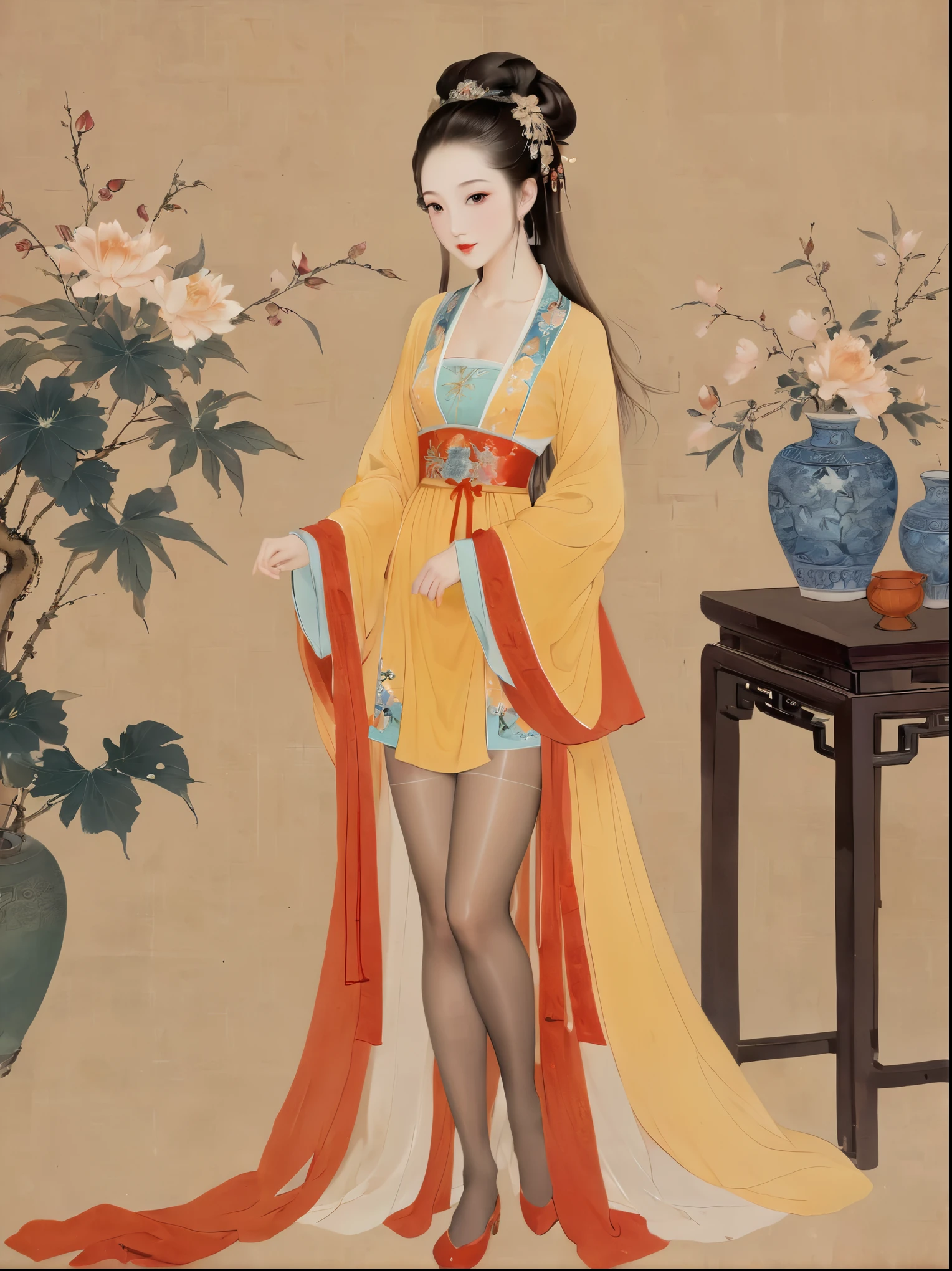 (((Chinese ancient paintings)))in(((Beauty)))The image is graceful 、Beautiful face、 slim， wearing gorgeous clothes ，(((Long, flesh-colored stockings showing the lower body)))，Lots of details，masterpiece，32K