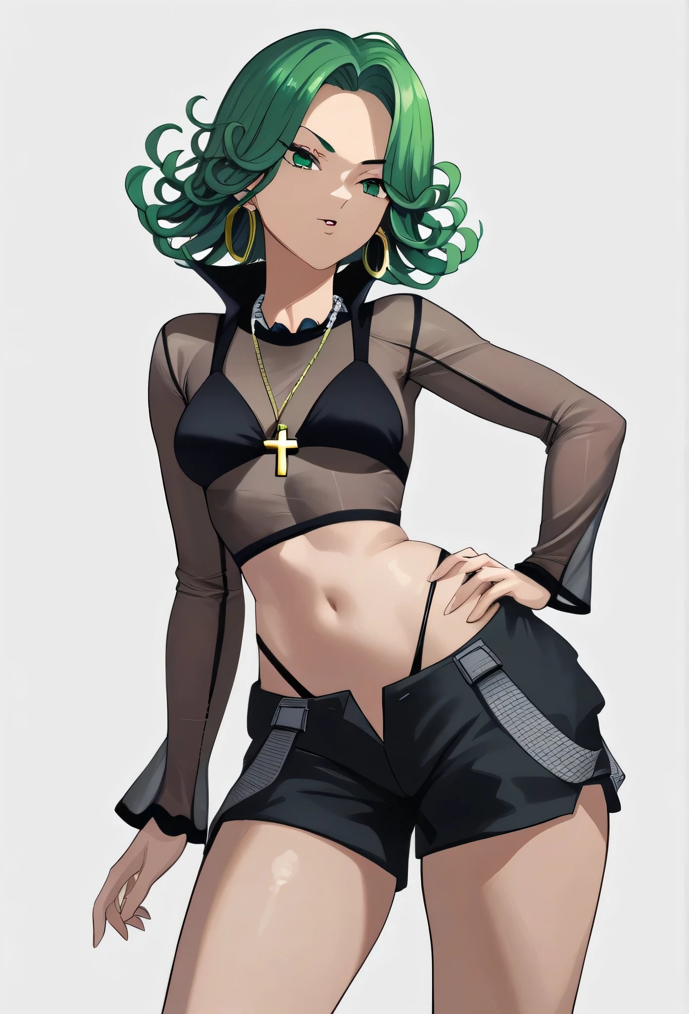tatsumaki,green hair,green eyes, short hair,Wavy hair,medium breast , black bra, long sleeves, mesh crop top, shorts,black shorts,
highleg panties , earrings,hoop earrings,cross necklace,jewelry,poese.medium breasts
High Resolution, Masterpiece, High Quality,fourhead,
High Details, Super Detailed hair, Best Quality, Detail, High Details,(Hair Over One Eye, Straight Hair,) boa Hancock