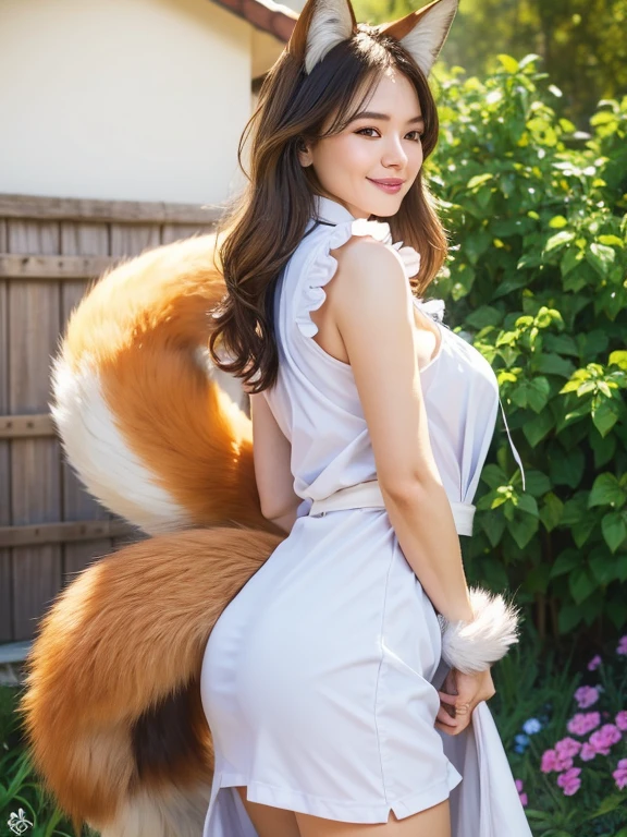 ((Highest quality, 32k)), ((masterpiece)), (Familiar), Perfect Face, Fox Girl, Pretty girl, Outdoor, model, Has one tail, She has a northern fox tail, She stretches out her fluffy tail, Beautiful hip line, Thick thighs, fur collar, A large tail sticks out, Turn around on all fours, Waving his tail happily, She only has one tail,Smiling Kindly