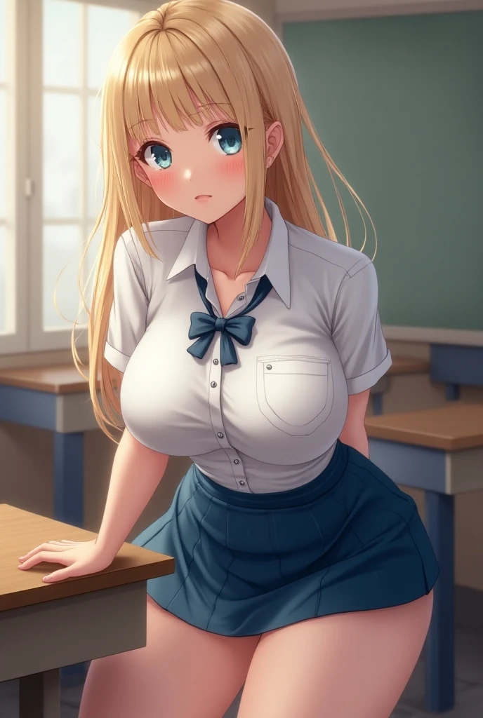 ((masutepiece)), ((Best Quality)), (Ultra-detailed), ((Extremely detailed)), 4K, (8K), Best Quality, (Beautiful), Anime style, Upper body, from below looking up, full body focus, In the classroom, Cute little girl s, 1girl in, Solo, School uniform, (Turn your body towards me,spread your legs wide,Straddling a chair, showing her white panties:1.2),Beautiful light brown hair, ((Beautiful eyes)), Long hair, Buttocks, large full breasts, Ashamed, sparkling effect, Lens Flare, shiny-glistening, gleaming,NSFW