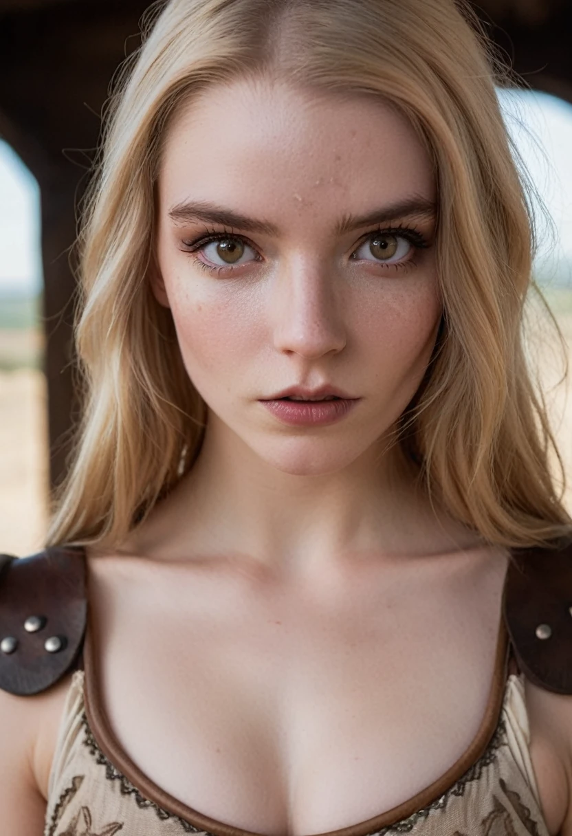 ((intricate details, extreme close up portrait, pale skin)), beautiful blonde 20 year old female warrior wearing a (revealing soft light brown embroidered leather outfit), beauty mark, moles, freckles, (bright sky-blue eyes:1.2), crowded and rowdy medieval tavern, mesmerizing eyes, emotive longing expression, (cinematic, film grain:1.1)