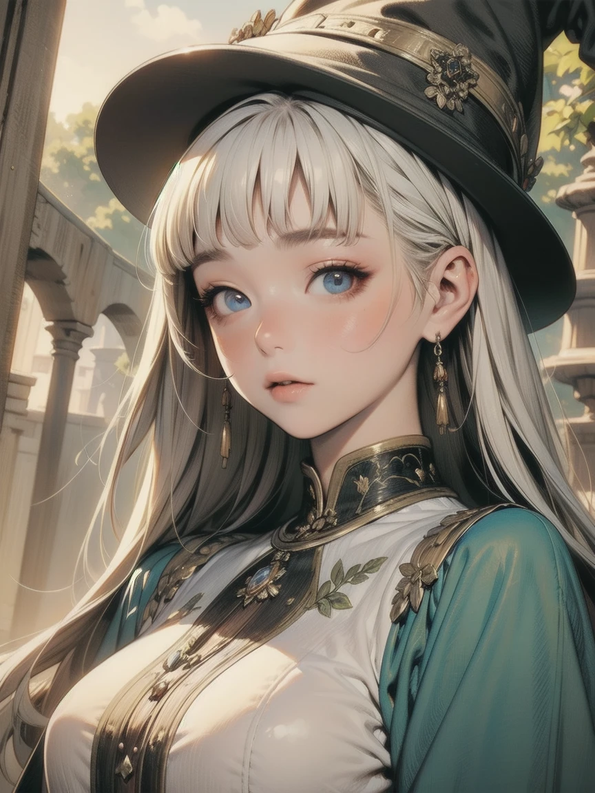 (masterpiece), (Artwork), (Great work), (Detailed eyes), ( delicate skin ), (heterochromatic eyes), (Multicolor), (short white bangs ), (Sparkling Eyes), ( 1 girl)  wear a witch hat, Ancient, old,  wear a gorgeous medieval costume, masterpiece, Best Quality,  Best Designer with High Details,  best illustration