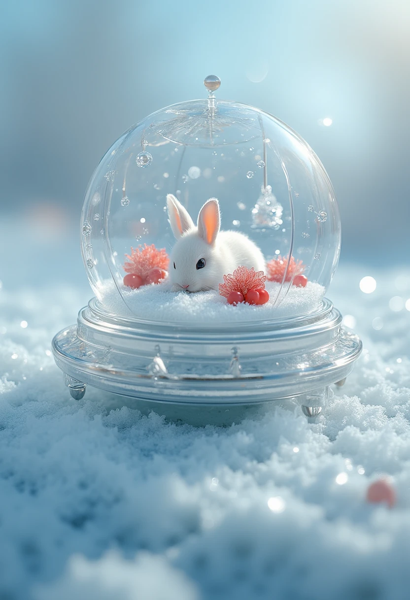 A music box in a crystal ball, a world of ice and snow in a glass ball, pure white tones. Inside the glass snow ball is a small rabbit and red berries. Dreamy, white background, close up, white snow background, blurred snow fog.