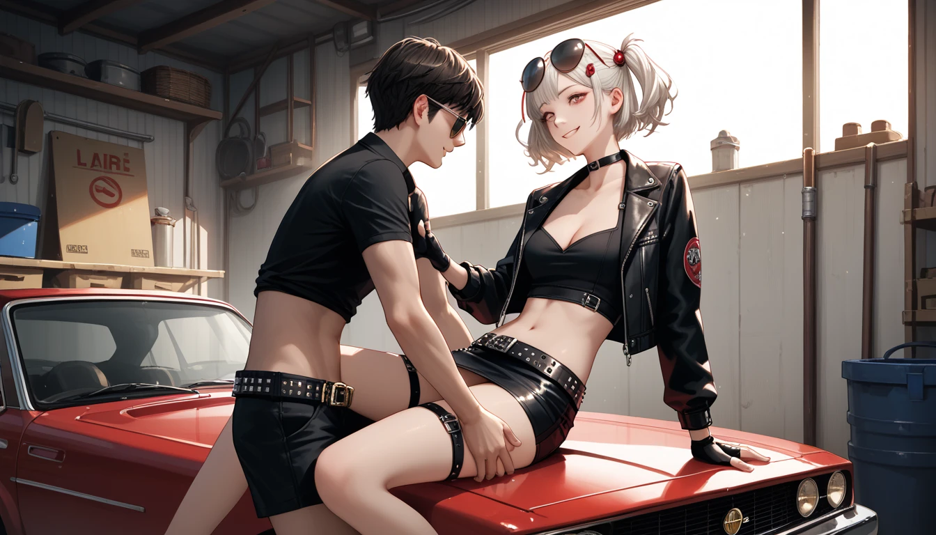  1girl,One,_ZZZ,  short hair,  short double tails,   hair ornament ,  bare chest ,  sunglasses , on the head ,  garage , very sexy, erotica,  bare chest ,  sex position , smile,  correct anatomy 1 .1., detailed hands, fingers in detail, face in detail,  beautiful slender legs, mini skirt,  leans forward, пустоши
White,  short hair,  short double tails,   hair ornament  ,  sunglasses ,  on the head  ,  red halterneck , black top pipe ,  short top ,  CLEAVAGE ,  life , black jacket,  fingerless gloves , studded belt , black skirt,  red hip straps, black stockings,score_9, score_8_up, score_7_up, score_6_up, score_5_up, score_4_up,