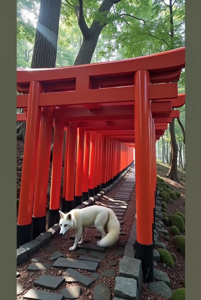 ((masterpiece, highest quality, Highest image quality, High resolution, photorealistic, Raw photo, Extremely detailed CG unified 8k wallpaper)), Dramatic Light, Volumetric Light, Portal to Another Dimension, There is a row of red torii gates deep in the forest, and two white foxes are looking at the camera,