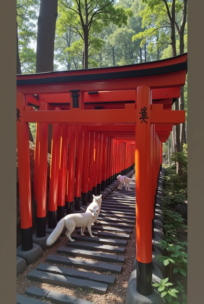 ((masterpiece, highest quality, Highest image quality, High resolution, photorealistic, Raw photo, Extremely detailed CG unified 8k wallpaper)), Dramatic Light, Volumetric Light, Portal to Another Dimension, There is a row of red torii gates deep in the forest, and two white foxes are looking at the camera,