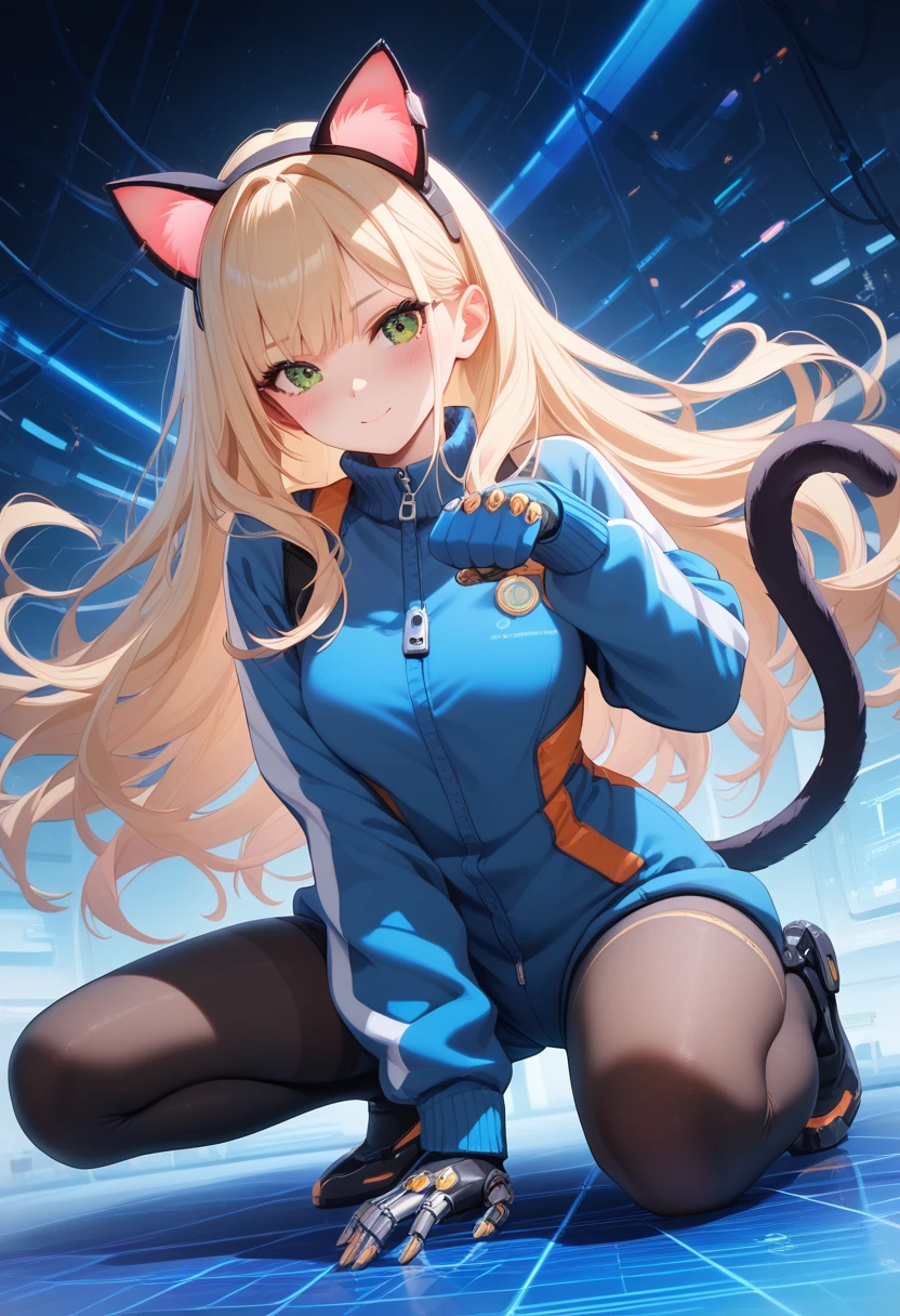  Long hair  , Unfastened zipper , sex,  Best quality , ( ultra high resolution ),  smooth realism ,  1girl, One, сидение on the ground, (( wearing cyber cat ears ,  fake animal ears ,  mechanical jumpsuit , cyber wear )),  looking at the viewer,  blush , closed mouth, cat&#39;s tail,  fluffy animal ears, blue cardigan,  black tights , (PAW Pose,  intricate details on hands ,  intricate details on fingers ,  5 fingers ),  ( Cinematic lighting ), (futuristic background),  full-length view , underwear, 4K