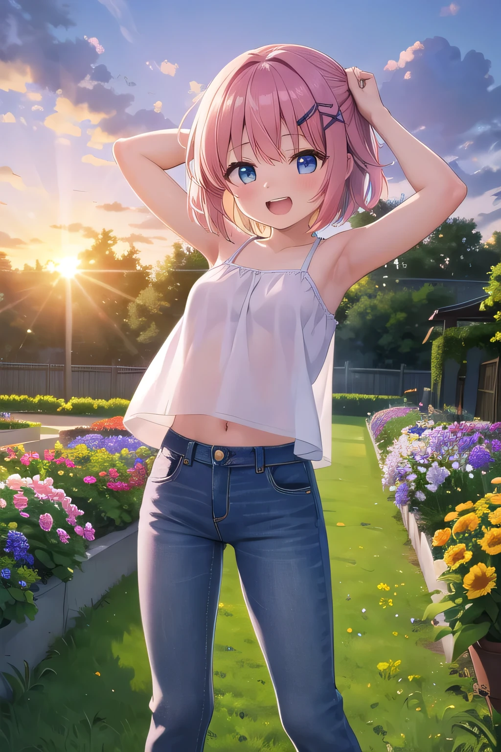 masterpiece,best quality,ultra detail,1girl, ****,petite,Laugh happily,background((flowers, garden, beautiful sunset)),sunshine,cloud, beautiful pink lob hair, hair ornament, x hair ornament,Raise your arms and bring them behind your head,White teeth, White tank Tops, half undressed, jeans pants, (flares jeans 1:1), blue jeans, standing sexual pose, orgasm,