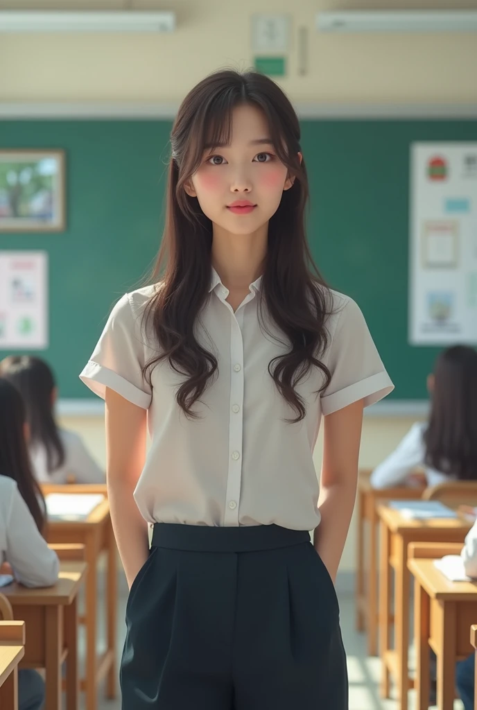 Beautiful ((White american))  girl, 15 yo, (white skin), in american school uniform, realistic photo, large breasts , standing and looking, american classroom,  detailed hands and face and eyes, full body, full body shot, 16k UHD
