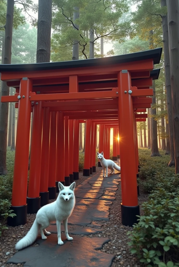 ((masterpiece, highest quality, Highest image quality, High resolution, photorealistic, Raw photo, Extremely detailed CG unified 8k wallpaper)), Dramatic Light, Volumetric Light, Portal to Another Dimension, There is a row of red torii gates deep in the forest, and two white foxes are looking at the camera,