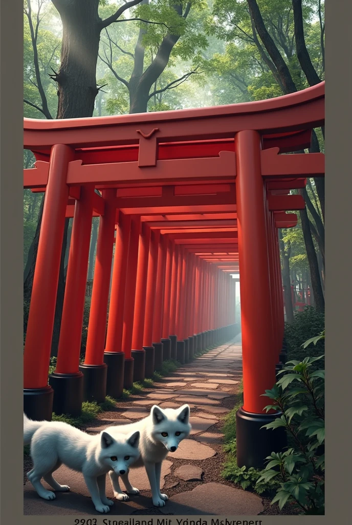 ((masterpiece, highest quality, Highest image quality, High resolution, photorealistic, Raw photo, Extremely detailed CG unified 8k wallpaper)), Dramatic Light, Volumetric Light, Portal to Another Dimension, There is a row of red torii gates deep in the forest, and two white foxes are looking at the camera,