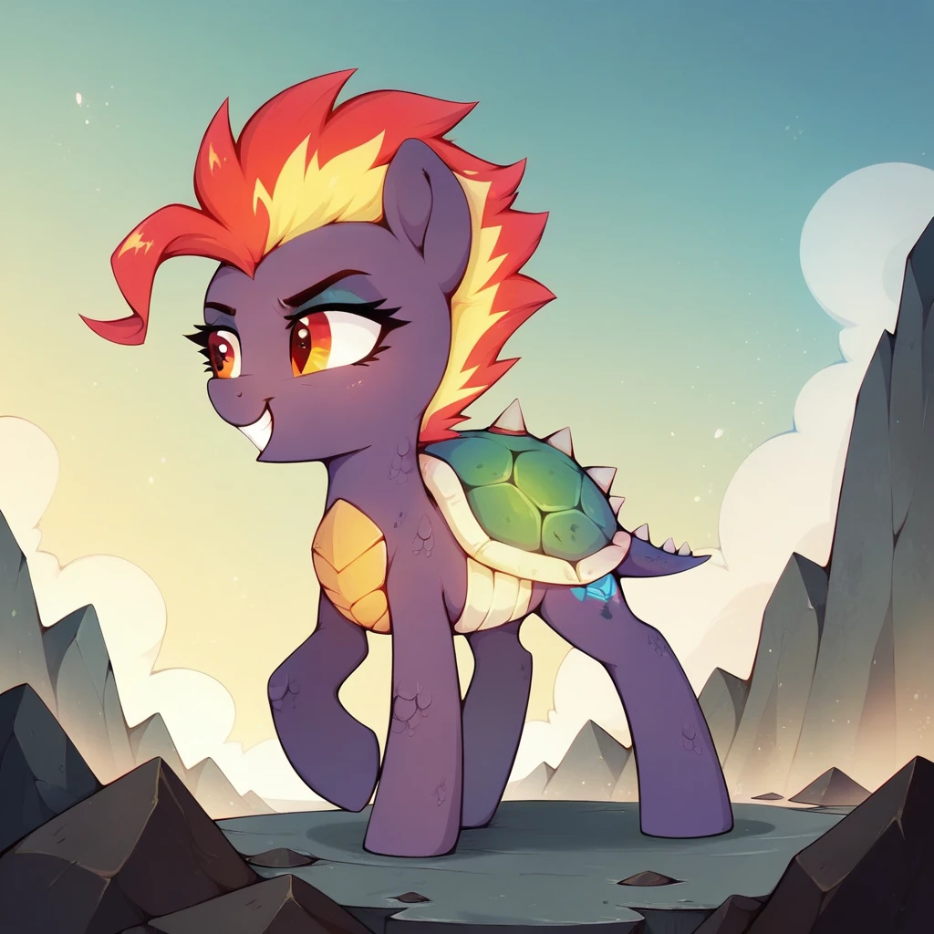 score_9, score_8_up, score_7_up, (masterpiece)), ((best quality), (high detailed), (beautiful), OwO
Pony, small turtle with a spiky, rock shell. Its scales are red and are yellow at its jaw  Its shell has a volcanic grey color to it, and its head is relatively large compared to the rest of its body