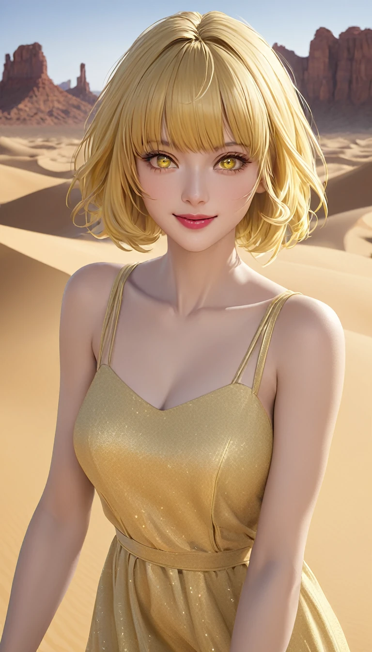 upper body of naked desert fox woman, (fully naked), (topless), short blonde hair, red eyes, yellow desert fox ears, athletic body, curious, shy, desert background