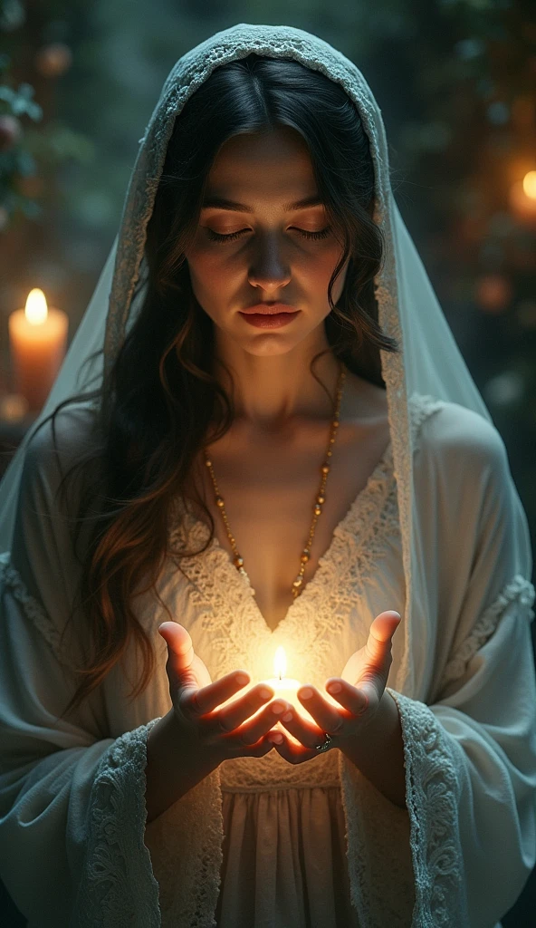 A 30 year's old woman in jungle in ghost dress she is eating a human heart 