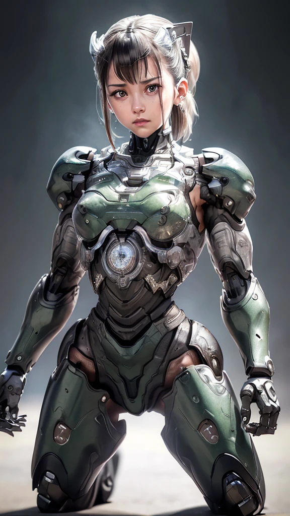   Place々Damaged Skin  ,       Super Detailed ,    Attention to Details ,    high quality, 最   high quality,   High image quality, 1080P,   hard disk  , beautiful,(War Machine),metallic cyborg female ,   DARK GREEN MECHA CYBORG GIRL  ,battlefield, Girl with a mechanical body  ,、,(  Blood vessels connecting to tubes   ),((   the spine of the machine is attached to her back   )),((    Her cervical vertebrae are mechanically attached to her neck))      female middle school student　  Does not expose any skin 　 very short hair   、Sweaty brown eyes、Sweaty face、Freckles　   shy expression  　　cute　Black-haired　((Steam coming out of my head)) Squat　 feet 　M feetの開口部　(Shyness)