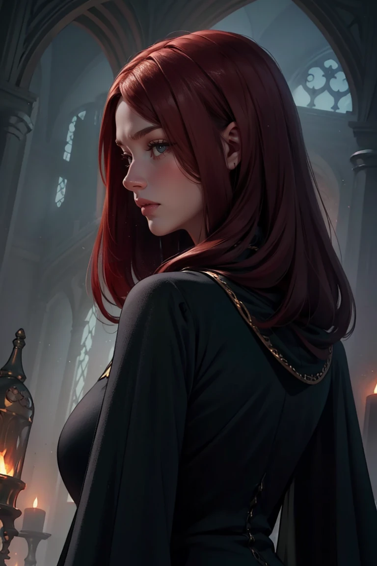 A daughter of severus snape and Lily Evans ,({-erro_de_anatomia:1.0} girl , victorian era, queen clothes, (dark dress), dark castle hogwarts, a girl (alicent hightower), meddium dark red hair (dark red hair), (dark green eyes) . Indifferent look , merciless. among the dragons, dinamic poses, egoist smile, upper body, backwards, looking back