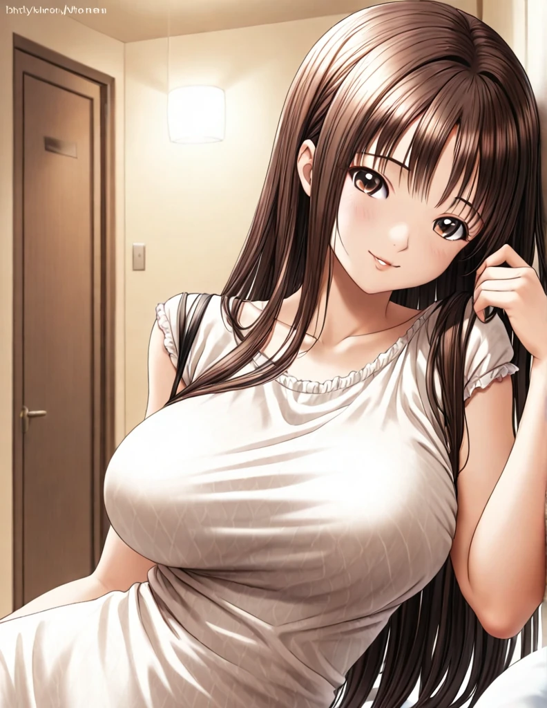 masterpiece, best quality, good quality, KitajimaMoena, KitajimaMoena, KitajimaMoena, KitajimaMoena, KitajimaMoena, 1girl, solo, brown hair, long hair, brown eyes, large breasts, hestia costume,