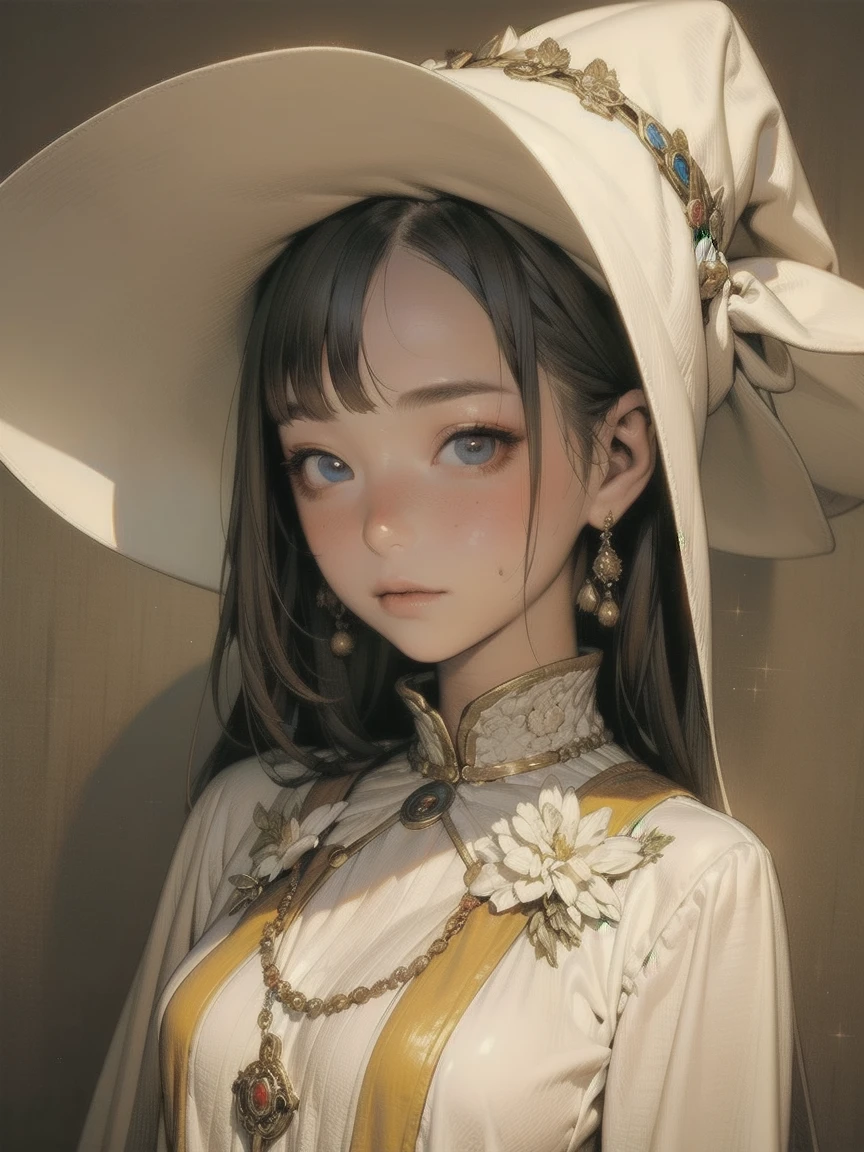 (masterpiece), (Artwork), (Great work), (Detailed eyes), ( delicate skin ), (heterochromatic eyes), (Multicolor), (short white bangs ), (Sparkling Eyes), ( 1 girl)  wear a witch hat, Ancient, old,  wear a gorgeous medieval costume, masterpiece, Best Quality,  Best Designer with High Details,  best illustration