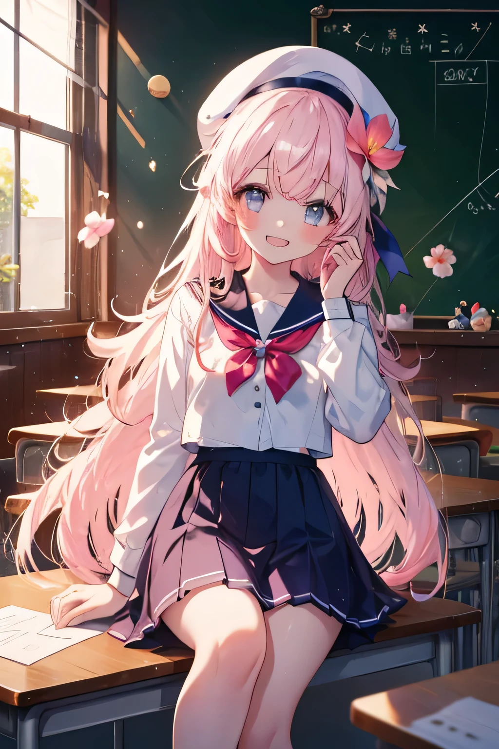 Girl smiling( showing teeth), fondo classroom, school fund(classroom), complete anatomy,  ornament of an accessory shaped like a flower on the head, graphic effects, first person, white beret,  summer school uniform , sitting, Reciting a poem , chalkboard(Big heart drawings, rainbow, Candys , Moons and little stars ), letter(BY Elandir),  pink flower