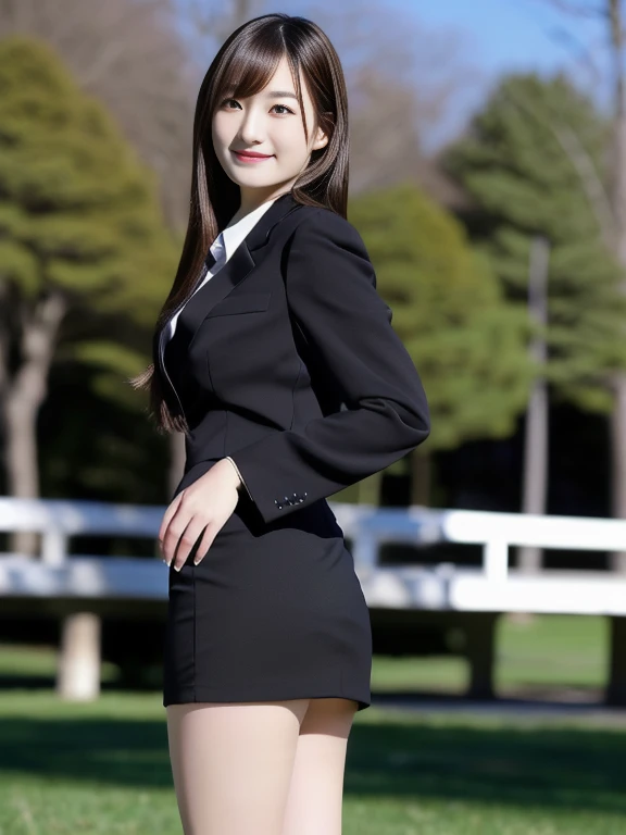 8K,  highest resolution , Wore a strict black business suit ,  full body image of a Japanese woman standing ,  full-body image of a Japanese woman in an empty park ,  wearing a strict black business suit, black very short tight skirt,  I'm wearing black ankle strap pumps,  very detailed face ,  beautiful face, Smiling, A Japanese woman with a clean face, The eyes of the audience , Pretty round pretty eyes ,  thin thighs, Thin legs, very detailed hands, Hands clasped behind back