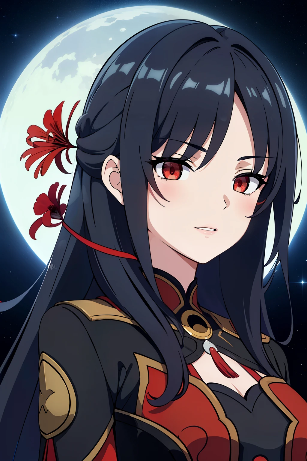 (high-quality, breathtaking),(expressive eyes, perfect face) portrait, 1girl, Symmetrical Eyes, adult age, black hair, red eyes, black and red trim dress, long cloak, knee high socks, boots, medium full shot, cowboy shot, red spider lily, long hair, stylized hairstyle, black background, starry sky, blue lighting, moon background, green field, field of red flowers, nebula sky, jing liu, ren\(character\), positive expression, charming smile, beautiful figure, red petals, C Cup breasts
