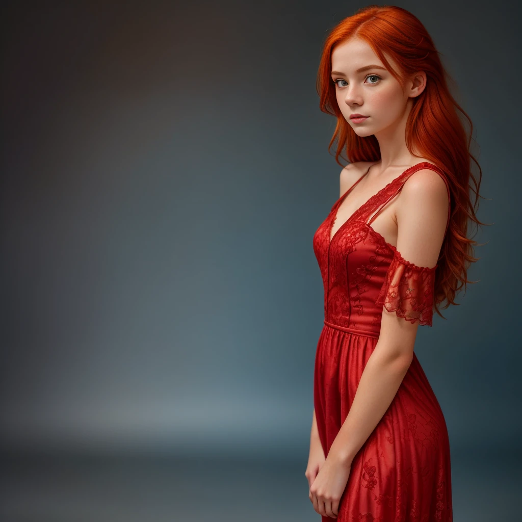 (masterpiece, best quality:1.2), (( 1 girl, Alone)), Irish, slim, 21 years,  beautiful redhead , fell, red hair, deep silk V dress  (( portrait of face and shoulder)), (standing),  simple blue background , masterpiece, HD high quality , 8k ultra-HD, Ultra-HD,