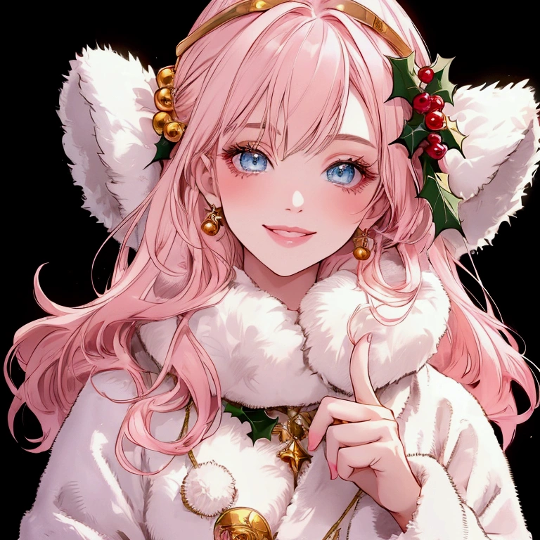 high quality, detailed, beautiful light pink  hair, beautiful light eyes,female, beautiful LIps,fur jacket, Christmas,simple blackground,smile,