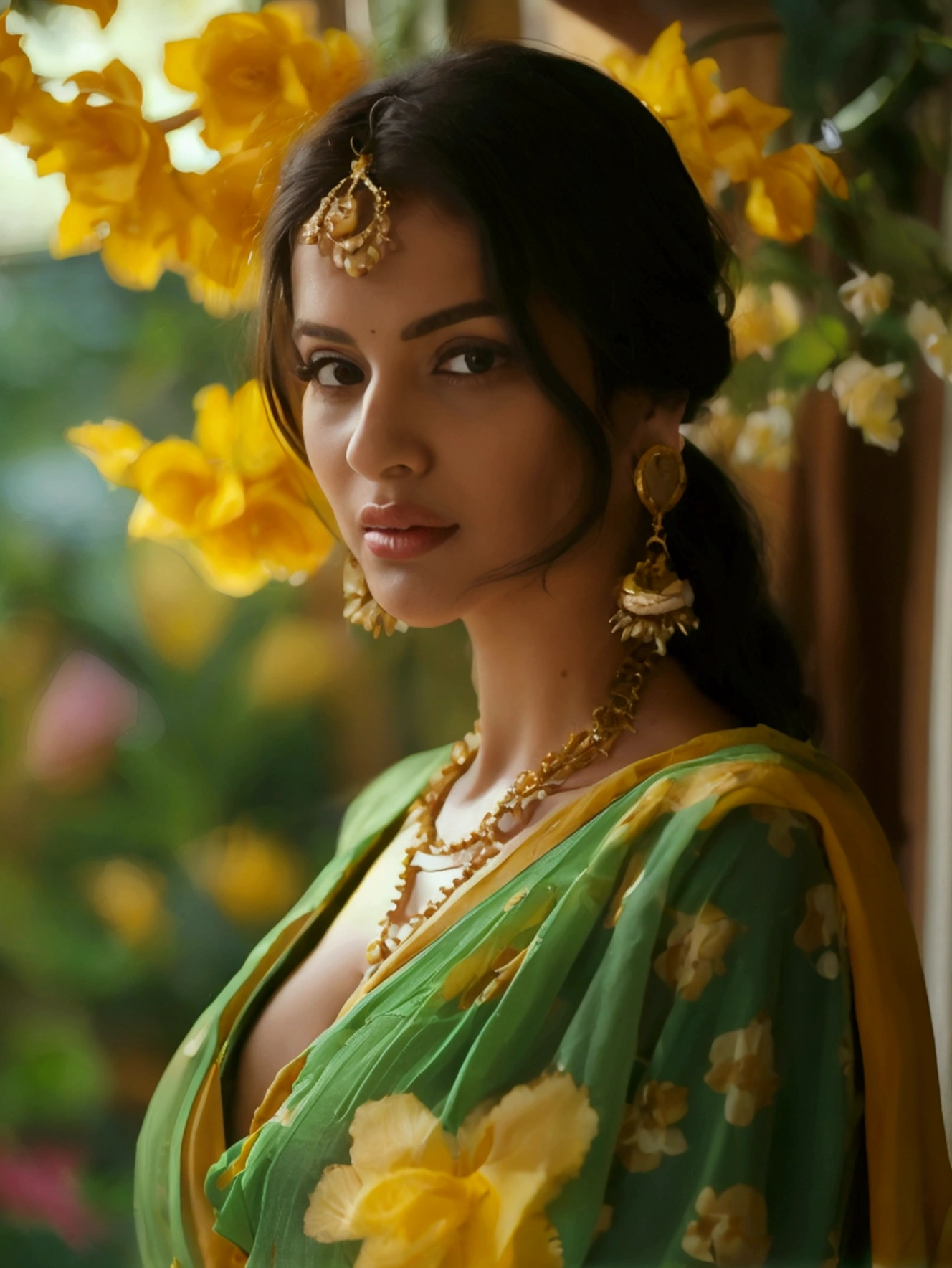 a beautiful indian woman in traditional saree, detailed face, long eyelashes, beautiful eyes, delicate features, intricate saree design, colorful traditional jewelry, soft lighting, cinematic composition, highly detailed, photorealistic, 8k, masterpiece