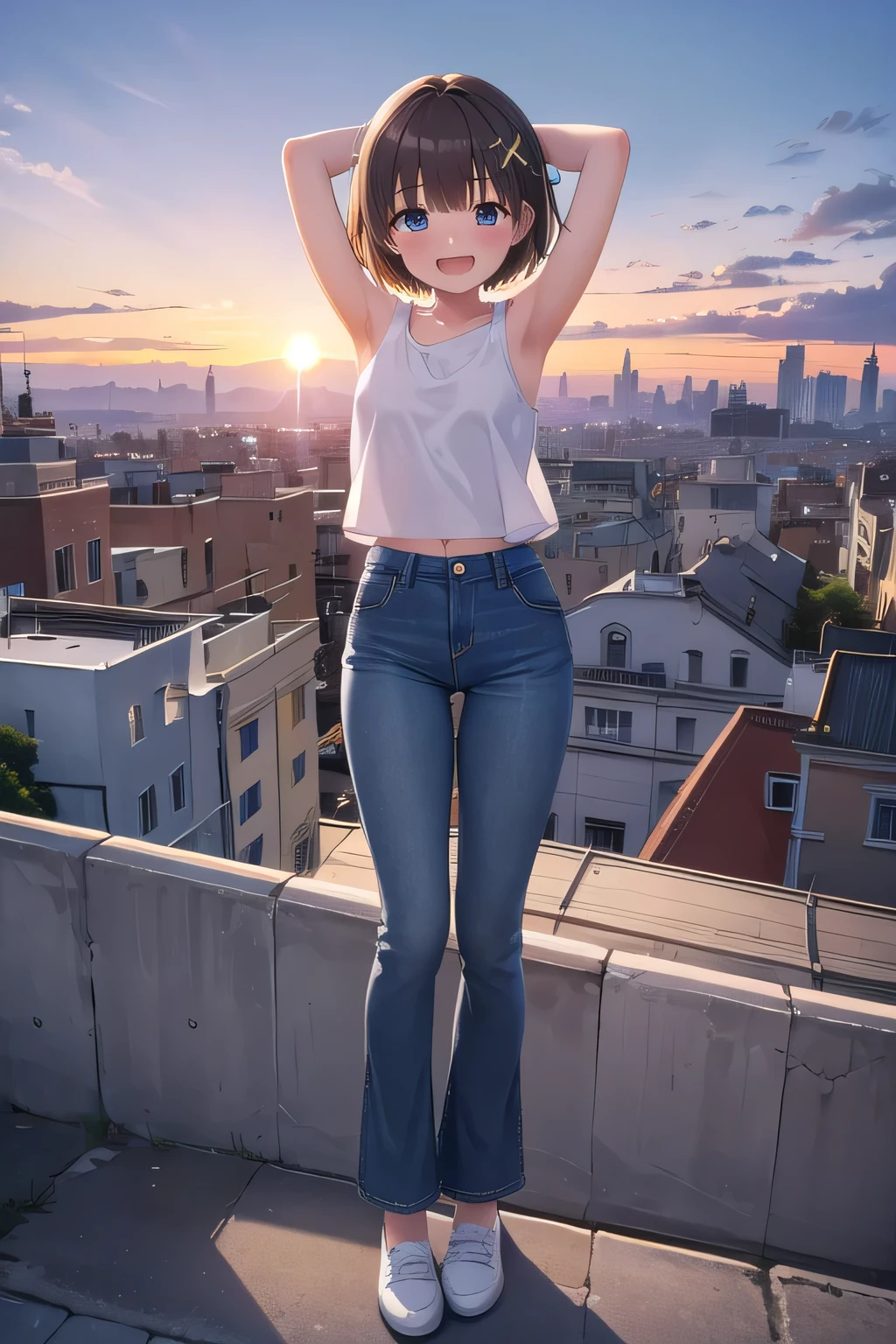 masterpiece,best quality,ultra detail,1girl, ****,petite,Laugh happily,background((city, on the building, beautiful sunset)),sunshine,cloud, beautiful brown short hair, hair ornament, x hair ornament,Raise your arms and bring them behind your head,White teeth, White tank Tops, half undressed, jeans pants, (flares jeans 1:1), blue jeans, standing sexual pose, orgasm,