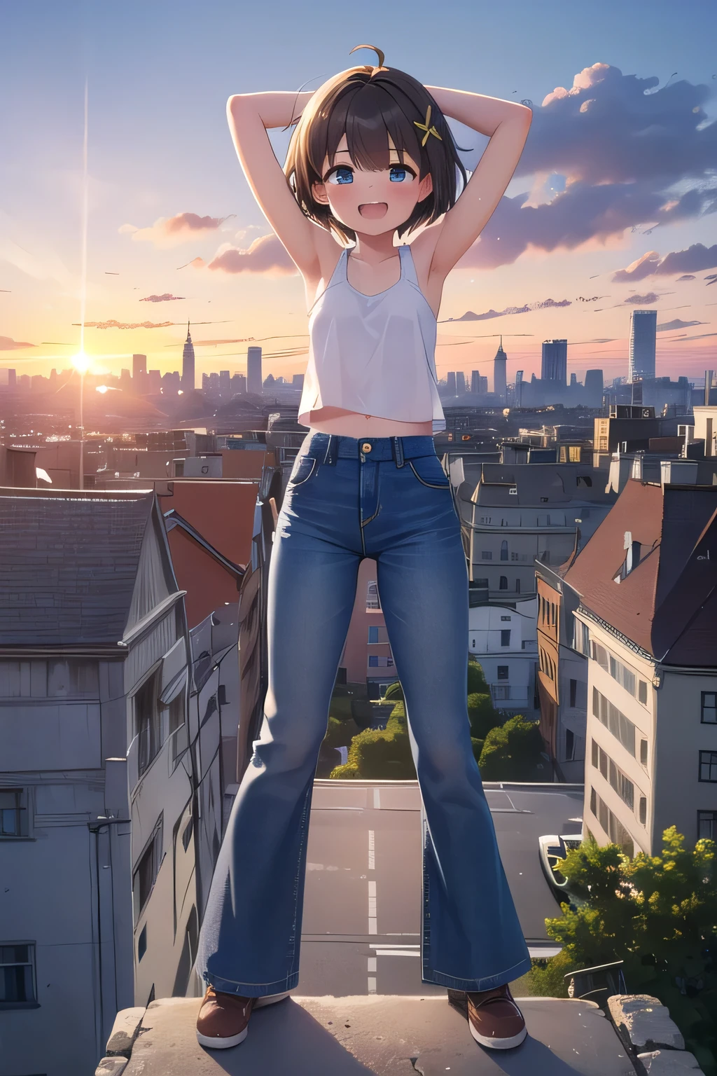 masterpiece,best quality,ultra detail,1girl, ****,petite,Laugh happily,background((city, on the building, beautiful sunset)),sunshine,cloud, beautiful brown short hair, hair ornament, x hair ornament,Raise your arms and bring them behind your head,White teeth, White tank Tops, half undressed, jeans pants, (flares jeans 1:1), blue jeans, standing sexual pose, orgasm,