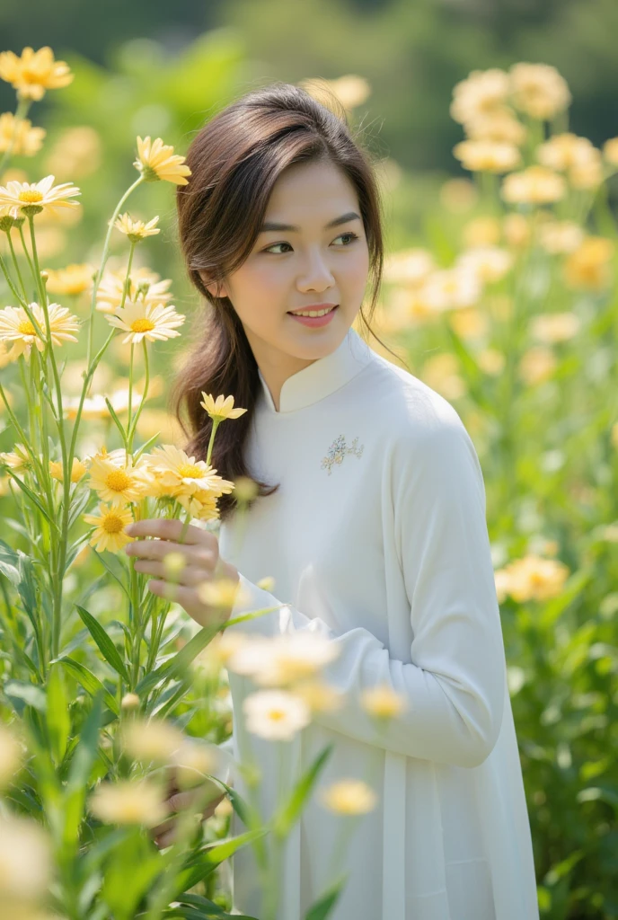 Blooming flowers flutter in the wind，Girl in flowers，Light yellow and silver design，Pay attention to the texture of the skin and flowers，Sony FE 12-24mm F/2.8 gm，Impressionist garden，Proficient in calligraphy，eco-friendly craftsmanship，Brush stroke exploration , Vietnamese Girl , white Ao dai