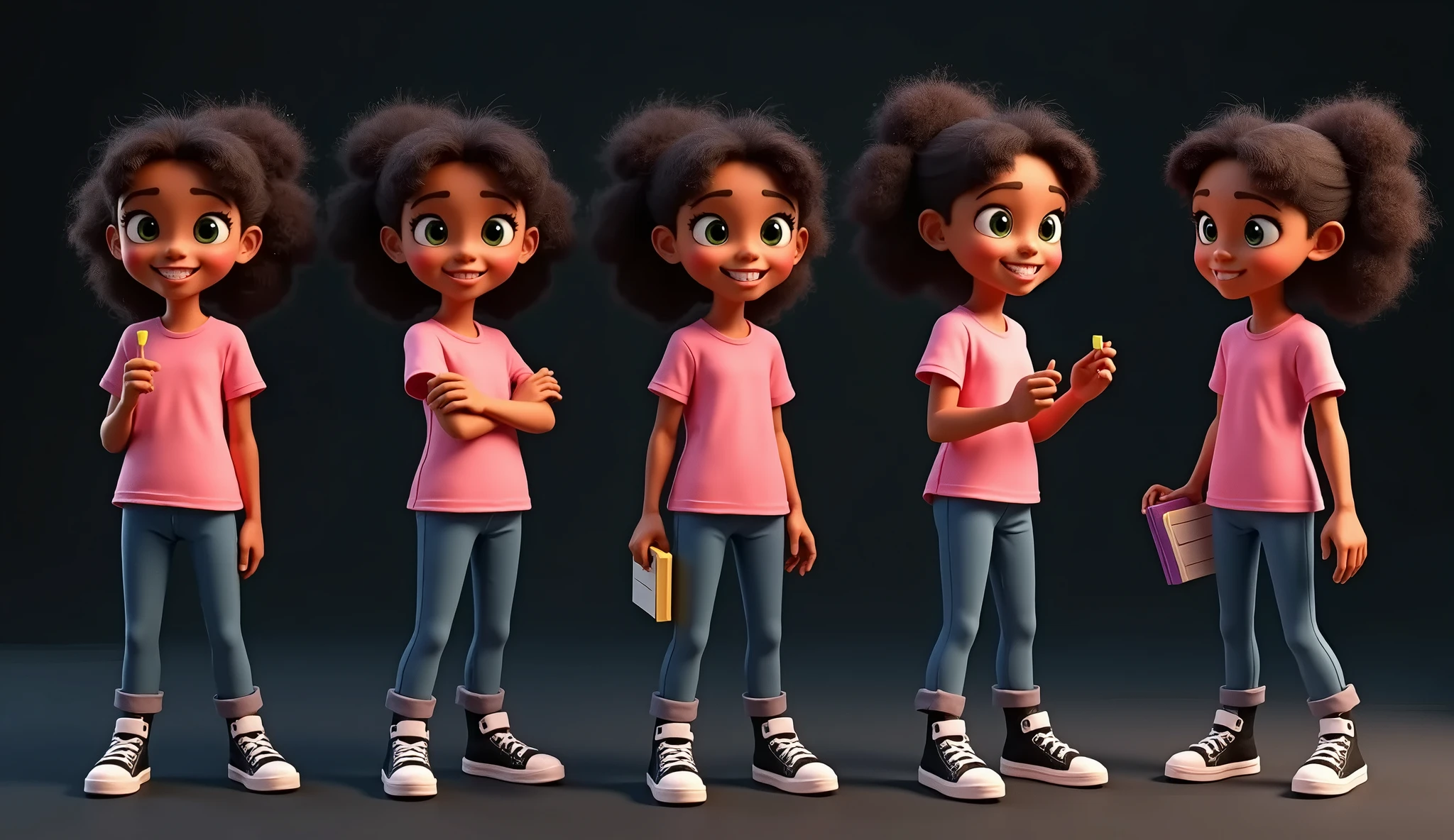 Ana, various poses and expressions on white background, children's book illustration style, simple, cute, 6 years old,
colors, short brown hair, dark skin, plain color, pink short-sleeved shirt, denim shorts.