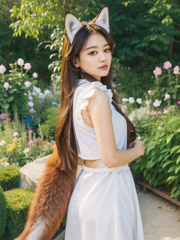 ((Best Quality, 8k)), ((masterpiece)), ( highest resolution ),  perfect face, Woman with fox ears, Woman with a tail, Beautiful woman, She is a housekeeper, It was taken in the garden, Only one tail, She has thick thighs, Her big fox tail, I can see her fox tail, She wags her tail, fur collar,  She's wearing a maid costume,  big hips ,  her fox tail is sticking out, Her tail is fox-colored