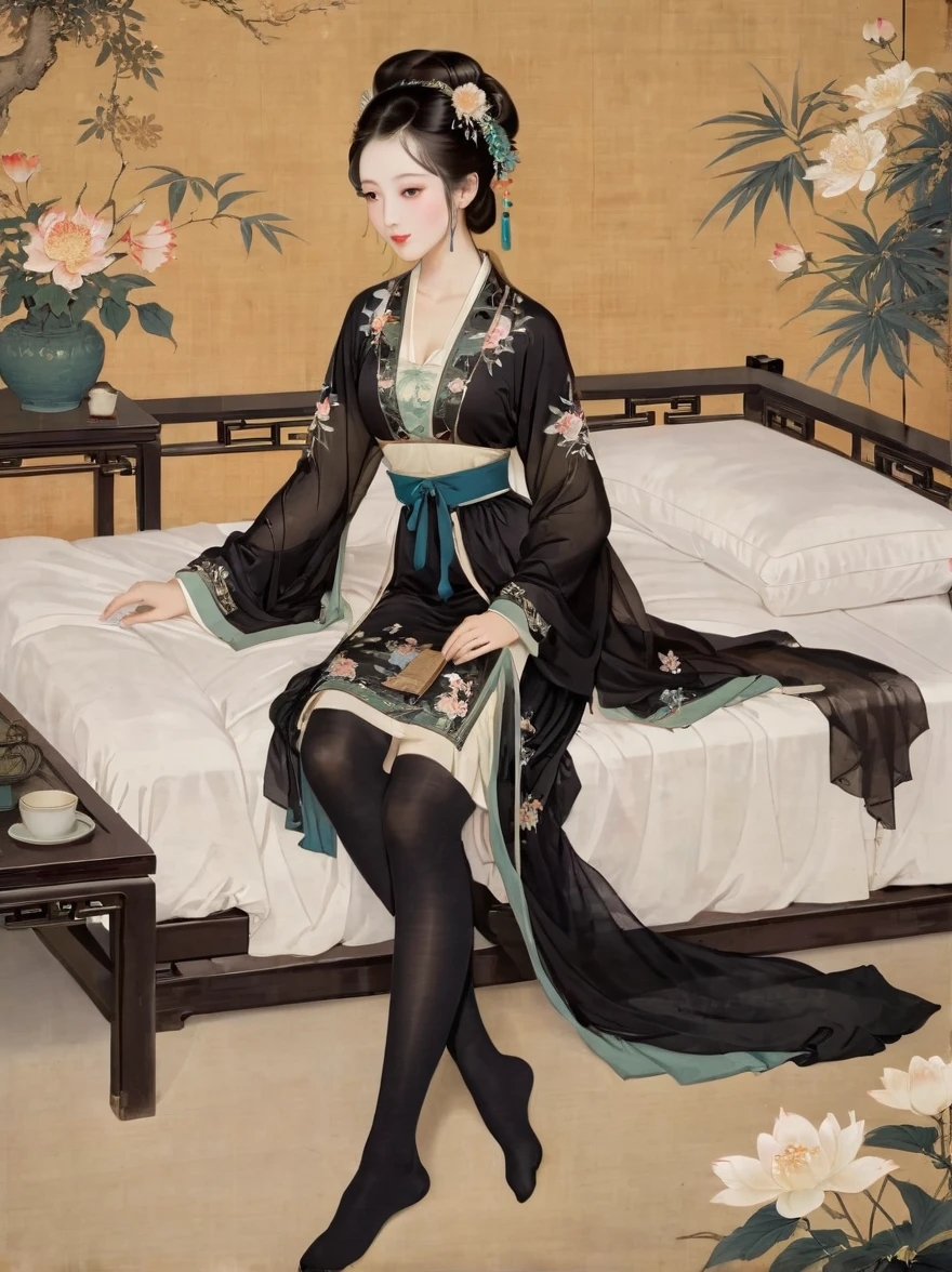 (((Chinese ancient paintings)))in(((Beauty)))The image is graceful 、Beautiful face、 slim， wearing gorgeous clothes ， lying in bed ，(((Long black stockings showing the lower body)))， The background is natural landscape flowers and plants、landscape、Pavilions，Elegant temperament。Lots of details，masterpiece，32K