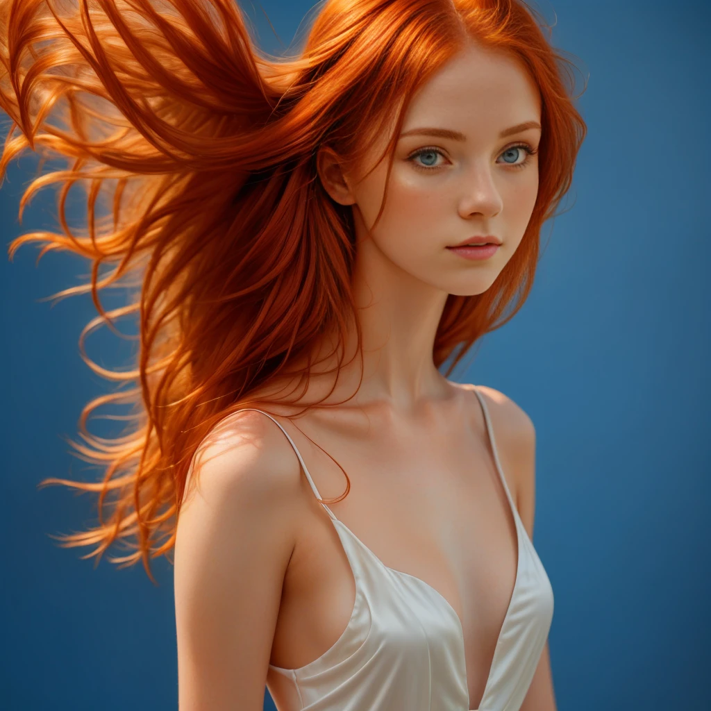 (masterpiece, best quality:1.2), (( 1 girl, Alone)), Irish, slim, 21 years,  beautiful redhead , fell, red hair, very deep neckline silk V dress (( portrait of face and shoulder)), (standing),  simple blue background , masterpiece, HD high quality , 8k ultra-HD, Ultra-HD,