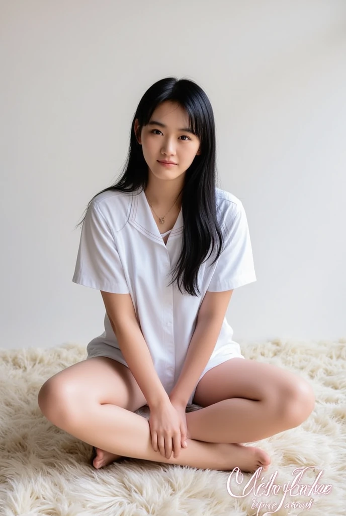 Full body shot from the front、Wear off-the-shoulder mini one-piece pajamas, bend your knees, spread your legs, take a cross-legged pose, and sit while looking at me, Slender bare legs 、smile、The background is a monotone 

