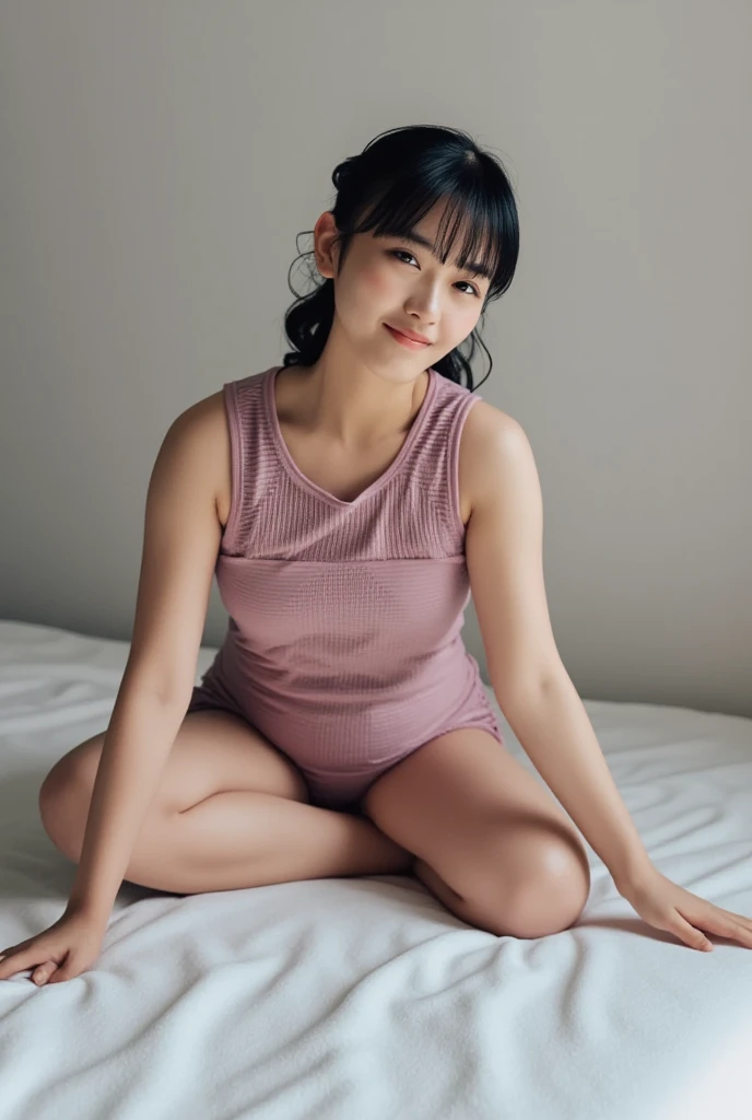 Full body shot from the front、Wear off-the-shoulder mini one-piece pajamas, bend your knees, spread your legs, take a cross-legged pose, and sit while looking at me, Slender bare legs 、smile、The background is a monotone 

