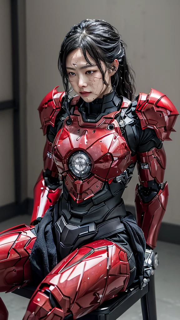 Rough skin,  非常に Details,    Details ,   high quality, 最  high quality,  High image quality, 1080P 、、Red Armor、Wearing red and black、cute((During a break))(破損したwoman用ロボットスーツを着用...)(Red Armor)(Broken Armor)  Black Hair  、、 Wet 、 Wet の顔　 sitting on chair 　 beautiful face、Hot look　、 drooling out of mouth 、woman　( steam coming out of face ) ((Steam from the body))   sitting on a chair 　Filming location　I can see my vagina 　  look up 　Remove headgear