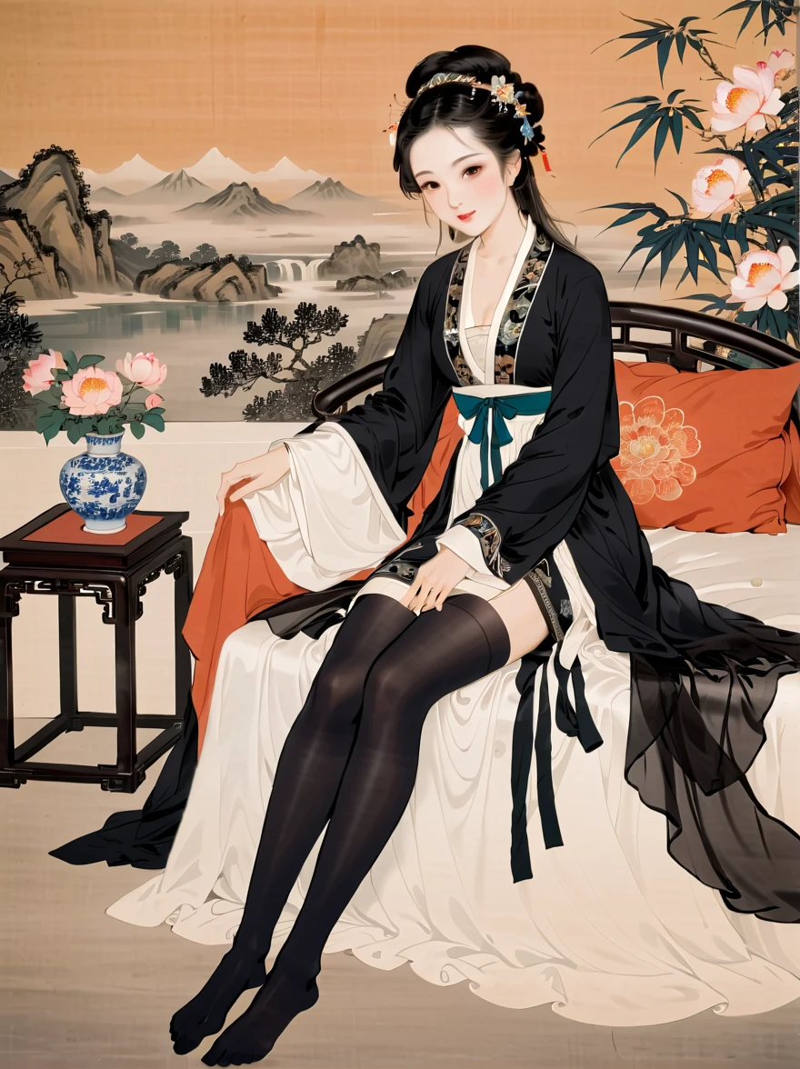 (((Chinese ancient paintings)))in(((Beauty)))The image is graceful 、Beautiful face、 slim， wearing gorgeous clothes ，Man lying in bed，(((Long black stockings showing the lower body)))， The background is natural landscape flowers and plants、landscape、Pavilions，Elegant temperament。Lots of details，masterpiece，32K