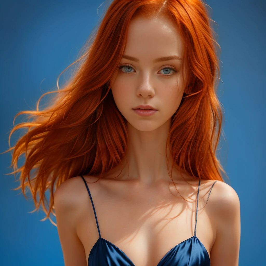 (masterpiece, best quality:1.2), (( 1 girl, Alone)), Irish, slim, 21 years,  beautiful redhead , fell, red hair, very deep neckline sheer silk V dress (( portrait of face and shoulder)), (standing),  simple blue background , masterpiece, HD high quality , 8k ultra-HD, Ultra-HD,