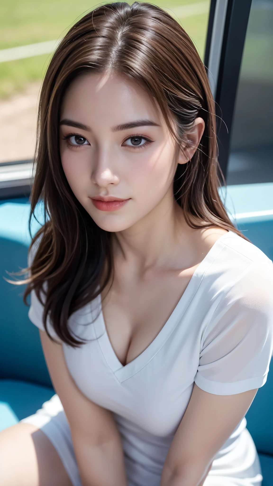 (Sitting on the high-speed train, there is a spring scene outside the window:1.29), ((4k wallpaper:1.1)), (Beautiful Photorealistic 30s women:1.15) , (she is a Photorealistic beautiful tennis player:1.15), (Looking at camera:1.1), (Perfectly healthy and muscular body, big tits, medium tits:1.2), ((She's wearing tennis wear in tennis coart:1.3)), white wear, (small size:1.1), Best Quality, Ultra-detailed, finely detail, hight resolution, Perfect dynamic composition, Beautiful detailed eyes, mid-chest, Natural Color Lip, Random and sexy poses, Smile, 48 years beautiful women, tennis coart, Ultra-realistic capture, Highly detailed, High resolution 16k close-up of human skin. Skin texture must be natural, With such detail that pores can be finely identified. Skin should look healthy, In a uniform tone. Use natural light and color、a Japanese actress in her 48s with a bewitchingly beautiful appearance、