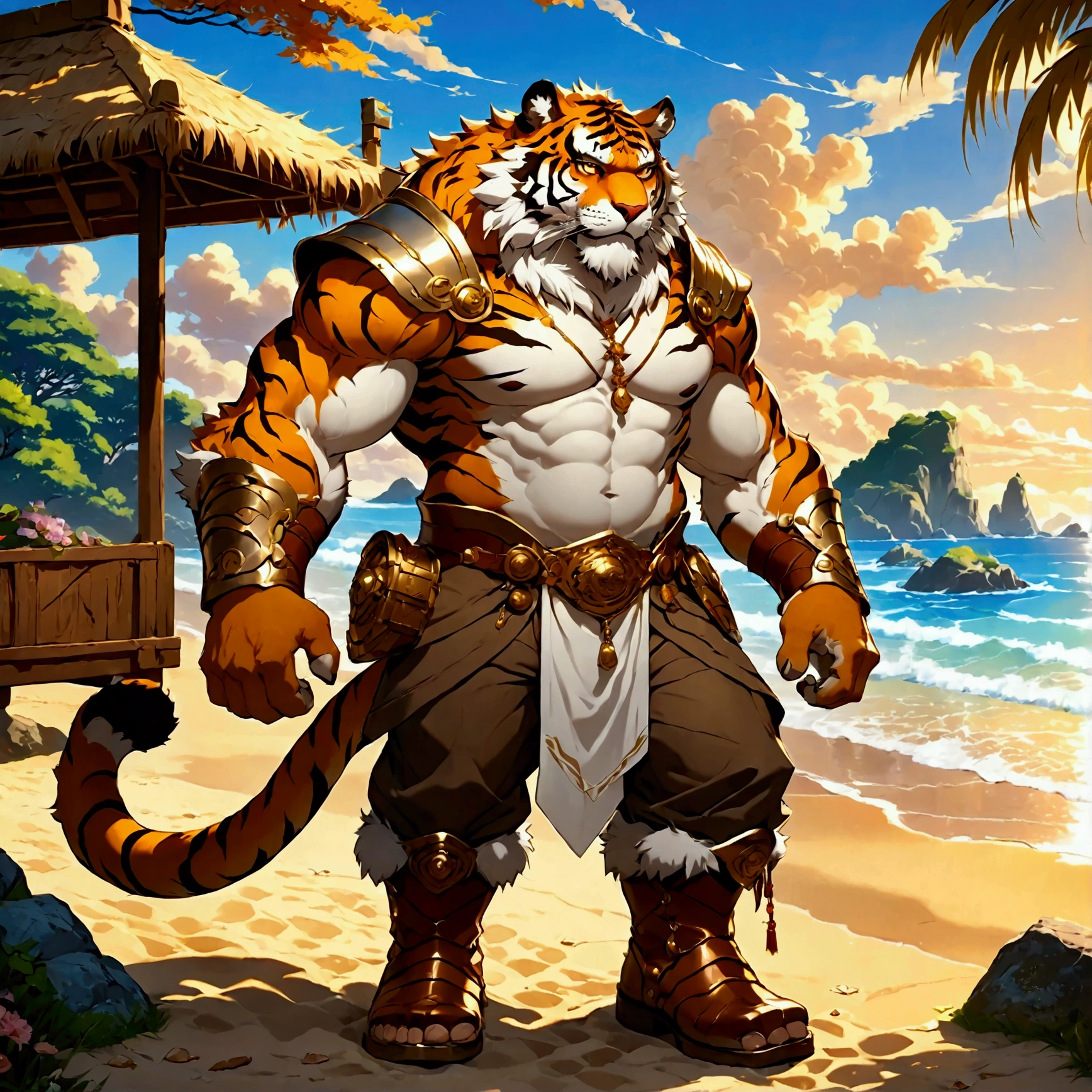 character focus, full body, looking away, various angle, european fantasy, a plump middle-aged tiger man, clothed, heroic costume, full armor, pants, dynamic pose, BREAK complete anatomy, perfect proportions, beautiful thigh gap, fluffy body, intricate fur details, beautiful fur texture, BREAK a detailed tiger tail, detailed boots, detailed foot, detailed hands, 5fingers, 5fingers nails, BREAK aesthetic anime face, insanity detailed face, male face, big face, square jawline, aesthetic anime eyes, detailed brown eyes, detailed brown cornea, detailed dark brown irises, detailed pupils, male eyes, big eyes, male eyebrows, innocent look, beautiful beard, BREAK full body in Michelangelo Buonarroti style, digital illustration anime, housamo style, detailed painting landscape, beach, path, outdoor, full color, HDR, BREAK masterpiece, official art, best quality, very aesthetic, absurdres, super fine illustration, great quality, BREAK noise reduction, very highres, large filesize, high quality, 32K, 8k wallpaper, dynamic lighting, BREAK insanity detailed, ultra detailed, intricate details, extremely detailed, detailed texture, an extremely delicate and beautiful, BREAK osukemo, e621 illustration, kemohomo, anthropomorphic, furry, cartoon, harmonious body, pastoral face, virtuous eyes, epic atmosphere