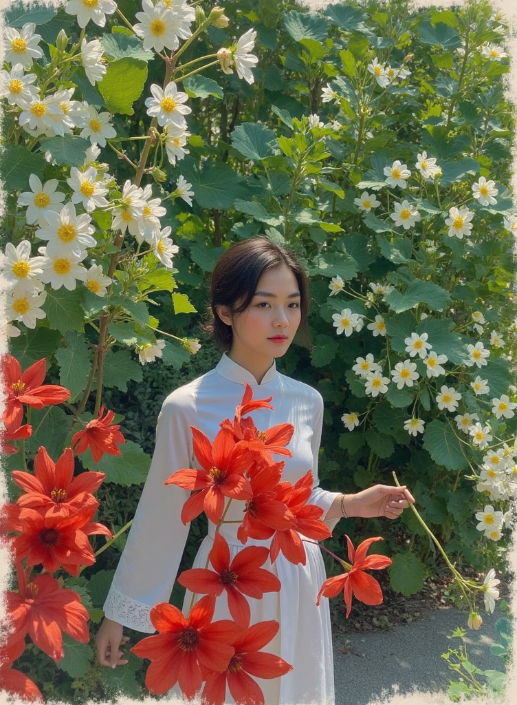 Blooming flowers flutter in the wind，Girl in flowers，Light yellow and silver design，Pay attention to the texture of the skin and flowers，Sony FE 12-24mm F/2.8 gm，Impressionist garden，Proficient in calligraphy，eco-friendly craftsmanship，Brush stroke exploration , Vietnamese Girl , white Ao dai