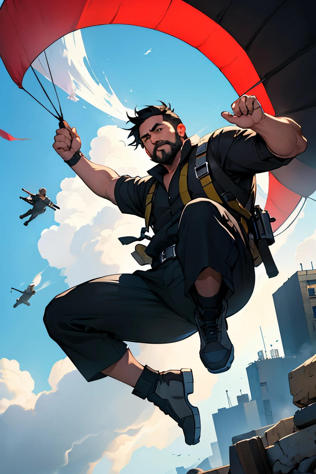 1boy, headband, jacket, scarf, helicopters and airplanes in the sky attacking the characters, broken building, hollow hexagram pendant, giant, 600 feet tall, gloves, pants, flexing, angry, open mouth, screaming, (punching:1.1), metropolis, day, spotlight, hard light, from below, foreshortening, solo, focus, extremely muscular masculine character, flame hair, huge bulge, 8 pack abs, erotic,giant,Jewish star