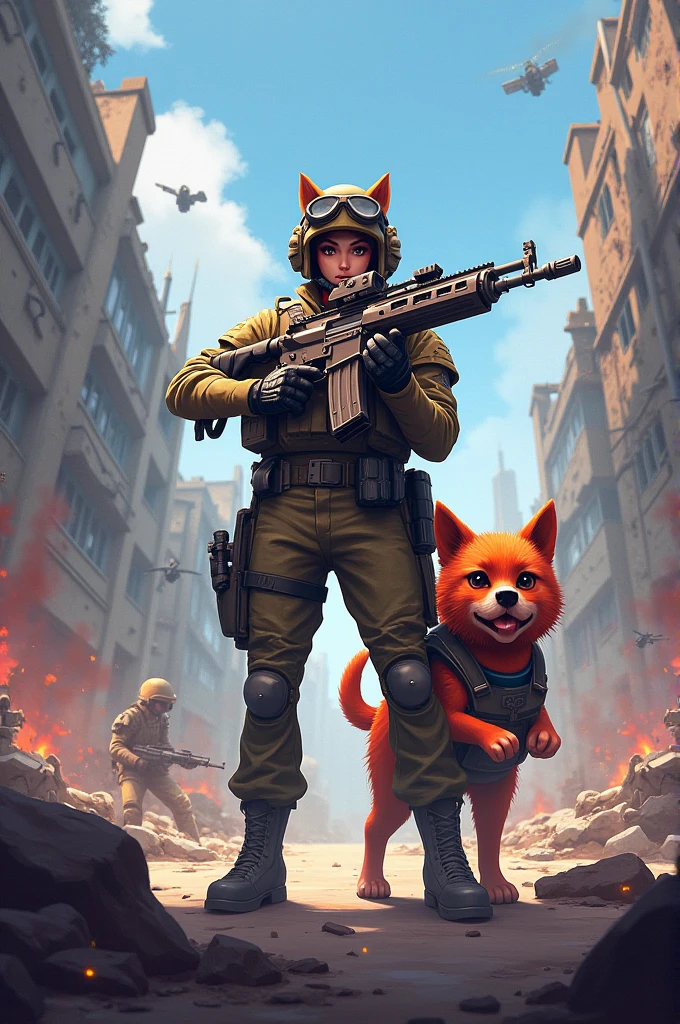 Brazilian skeleton soldier with UN helmet, with the company of a furry fox in a bra and sweatpants with a UN helmet fleeing the crossfire on a peace mission in a cute sensual anime drawing.